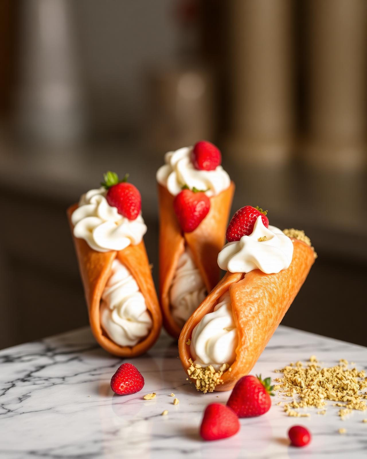 Cannoli siciliani ripieni di ricotta di pecora, panna montata e fragoline